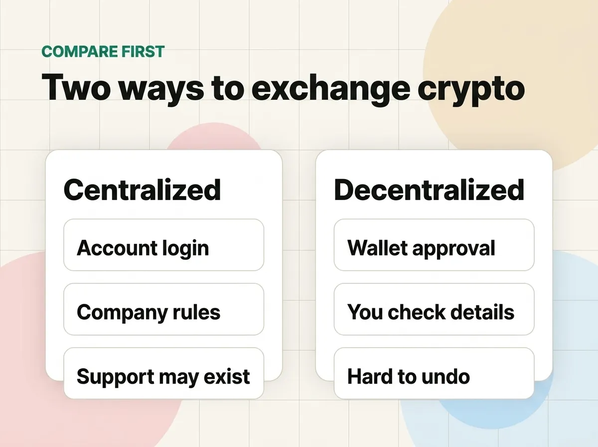 A simple comparison of centralized exchanges and decentralized exchanges.