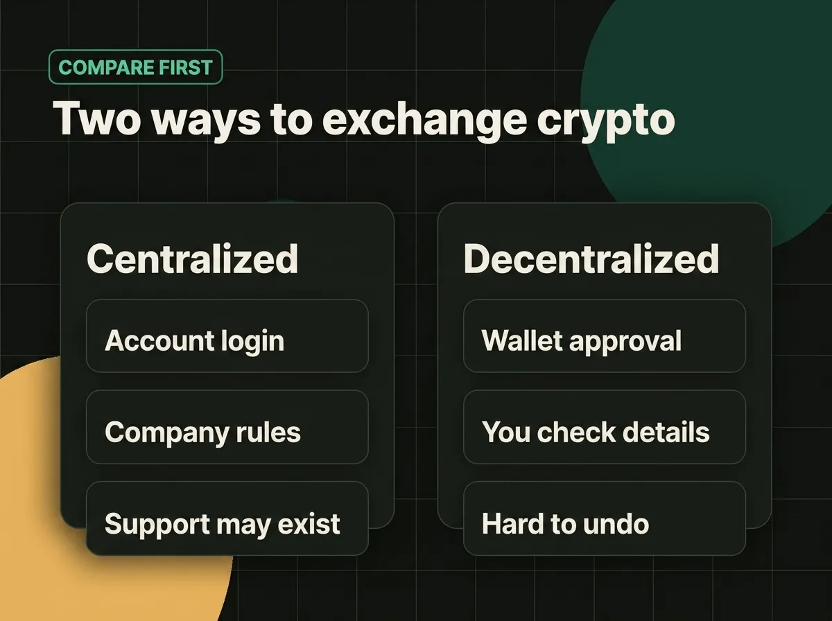 A simple comparison of centralized exchanges and decentralized exchanges.