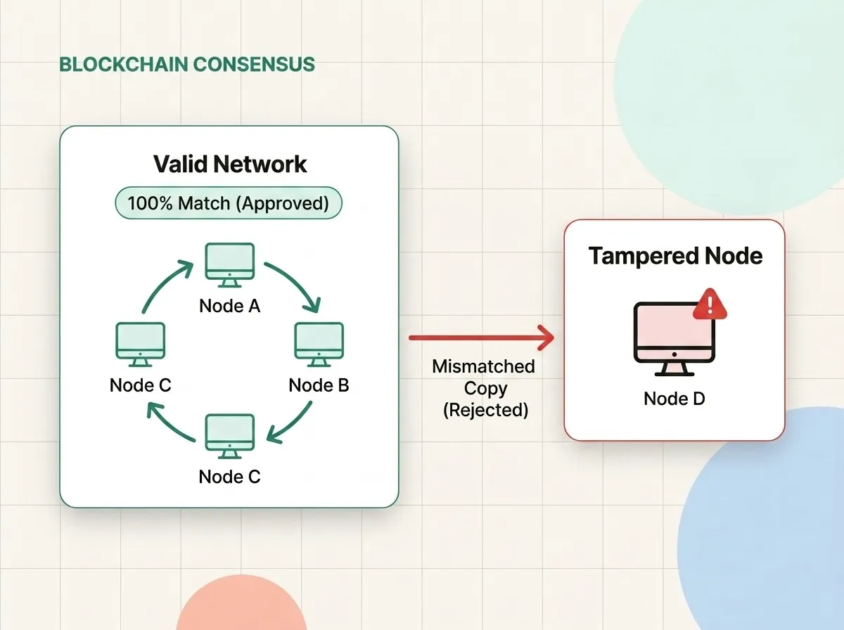 A diagram showing how distributed consensus works: three nodes in agreement accept a match, while a tampered node is rejected.