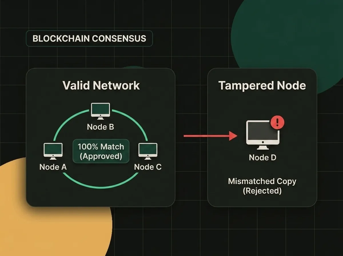 A diagram showing how distributed consensus works: three nodes in agreement accept a match, while a tampered node is rejected.