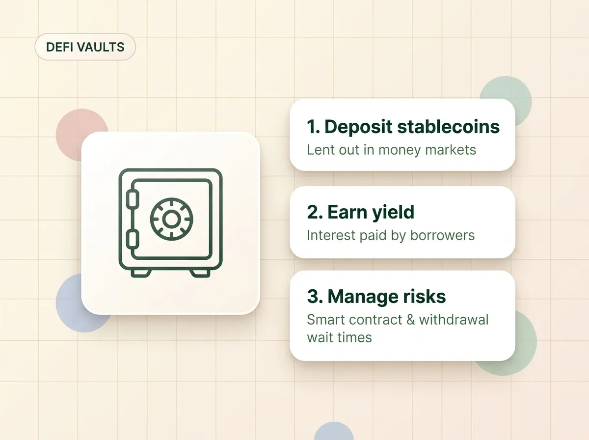 A diagram showing how DeFi vaults generate yield: depositing stablecoins, lending them out in money markets to earn interest from borrowers, and managing lockup/smart contract risks.
