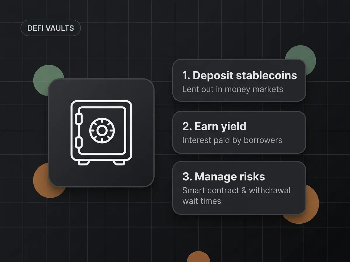 A diagram showing how DeFi vaults generate yield: depositing stablecoins, lending them out in money markets to earn interest from borrowers, and managing lockup/smart contract risks.