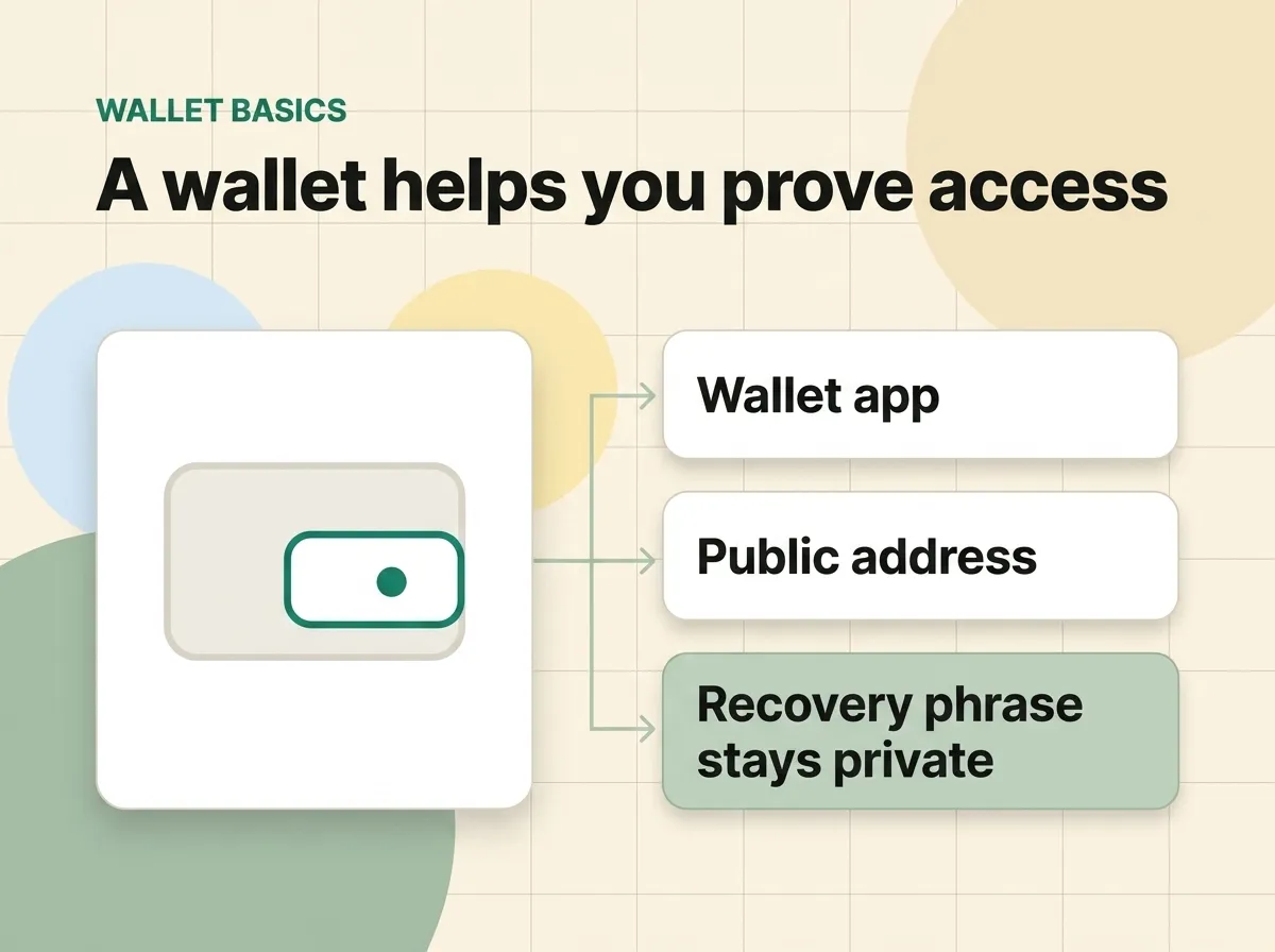 A simple diagram showing a wallet app, a public address, and a private key.