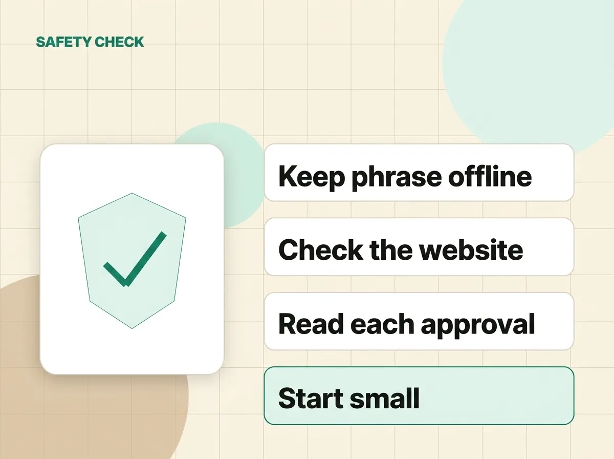 A simple wallet safety checklist with reminders to keep the recovery phrase offline, check links, read approvals, and start small.