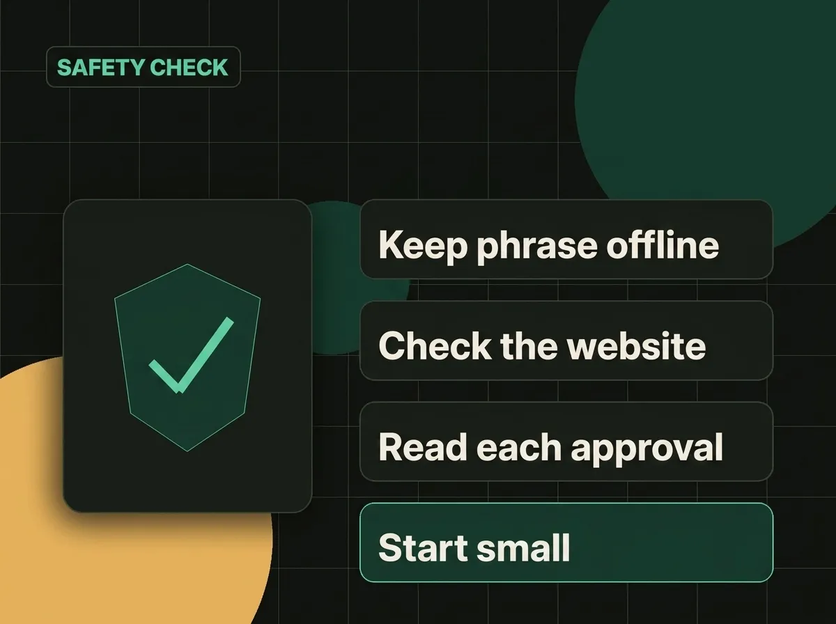 A simple wallet safety checklist with reminders to keep the recovery phrase offline, check links, read approvals, and start small.